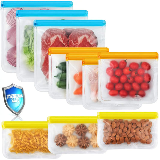 10-Pack Reusable Food Storage Bags – 3 Gallon, 3 Snack, 4 Sandwich Sizes, Dishwasher Safe, Leakproof & BPA-Free