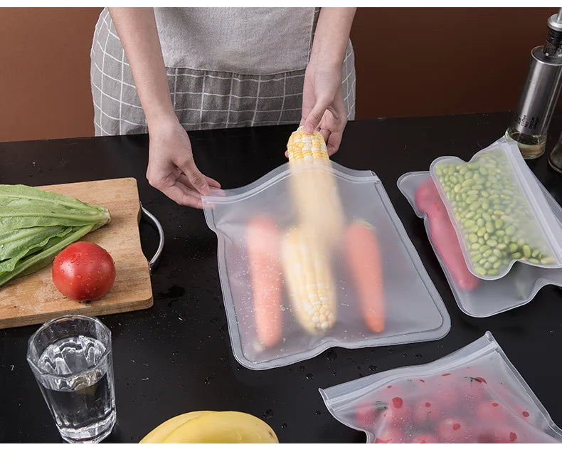 Reusable Silicone Food Storage Bags – Leakproof Stand-Up Zip Containers for Lunch & Fresh Food