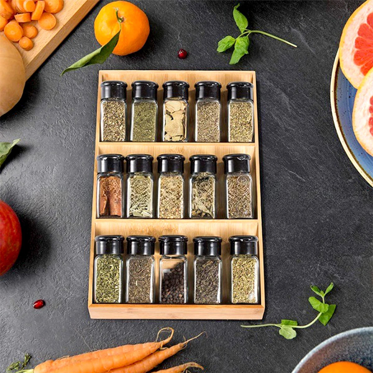 3-Tier Bamboo Spice Rack for Kitchen Countertop Storage and Organization
