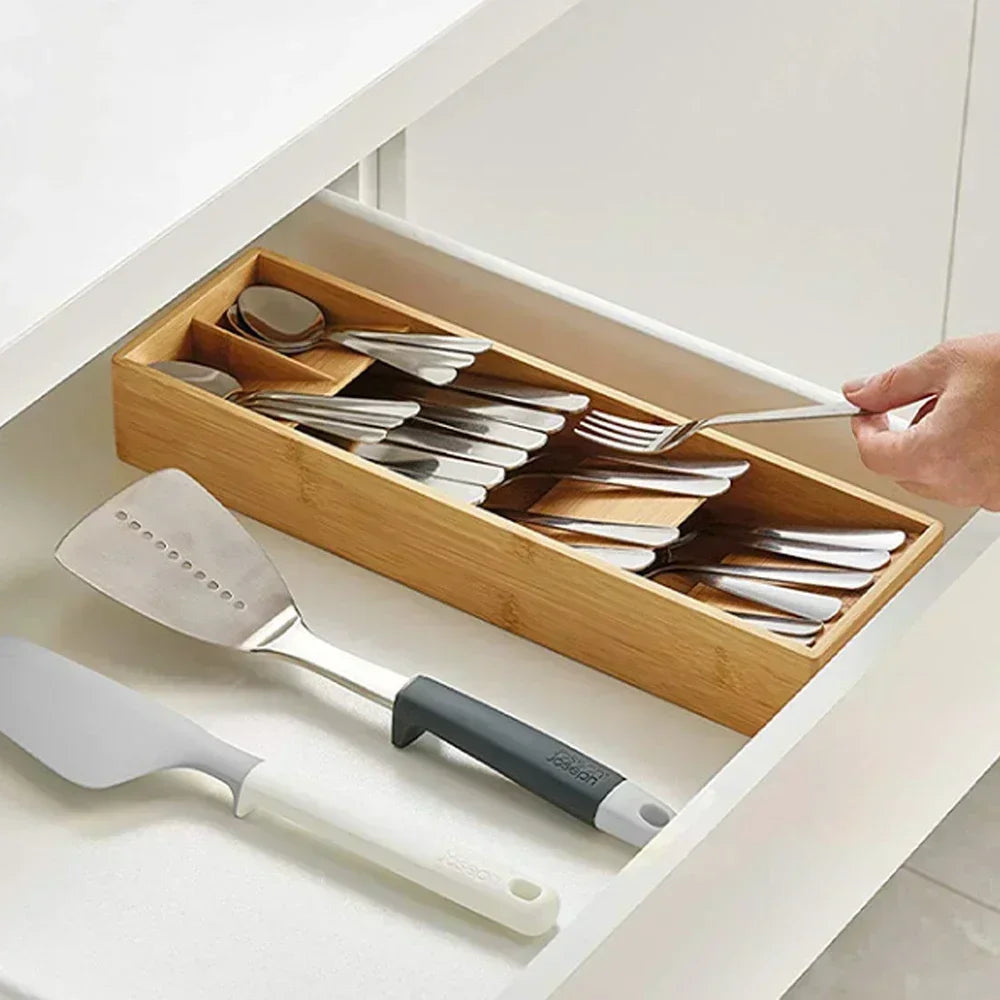 Expandable Bamboo Cutlery Drawer Organizer for Kitchen Utensils