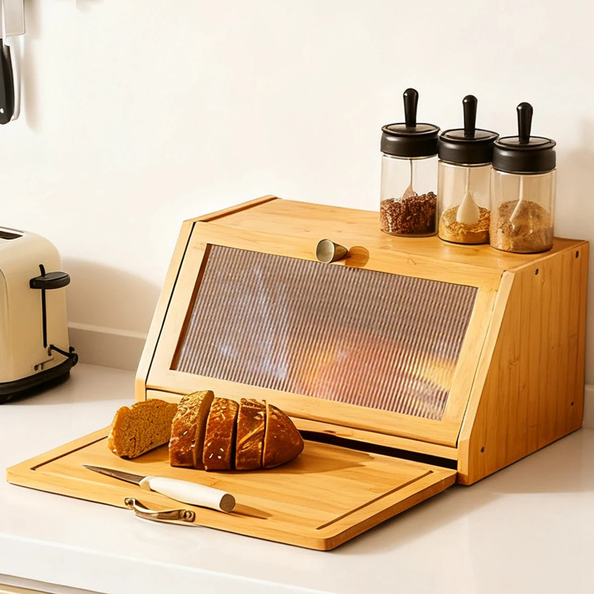 Bamboo Bread Box & Cutting Board Combo with Pantry Storage