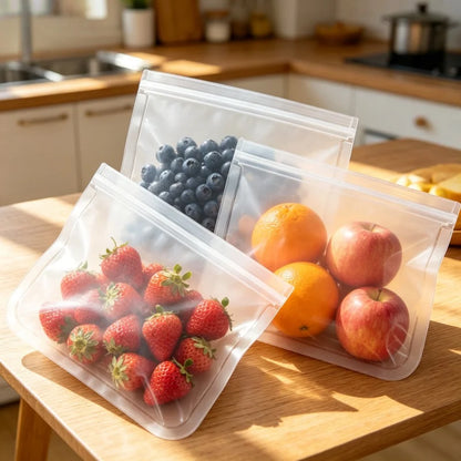 Reusable Silicone Food Storage Bags – Leakproof Stand-Up Zip Containers for Lunch & Fresh Food