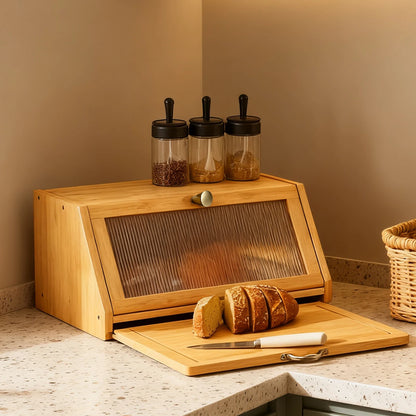 Bamboo Bread Box & Cutting Board Combo with Pantry Storage