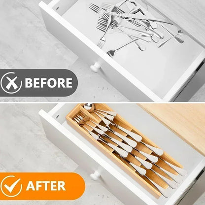 Expandable Bamboo Cutlery Drawer Organizer for Kitchen Utensils