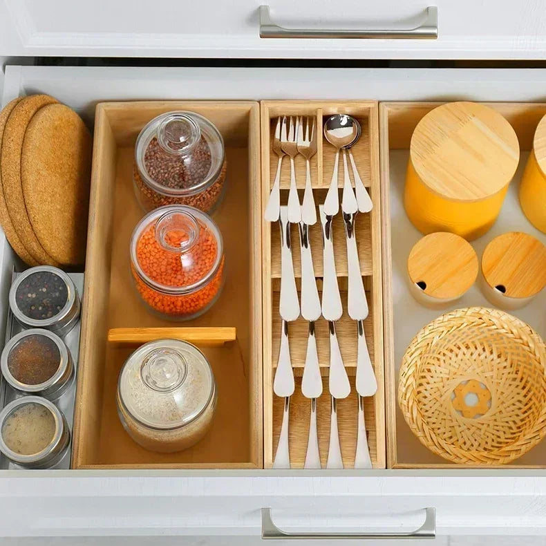 Expandable Bamboo Cutlery Drawer Organizer for Kitchen Utensils