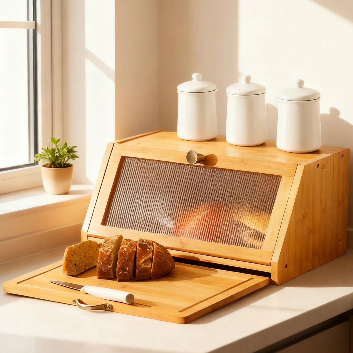 Bamboo Bread Box & Cutting Board Combo with Pantry Storage