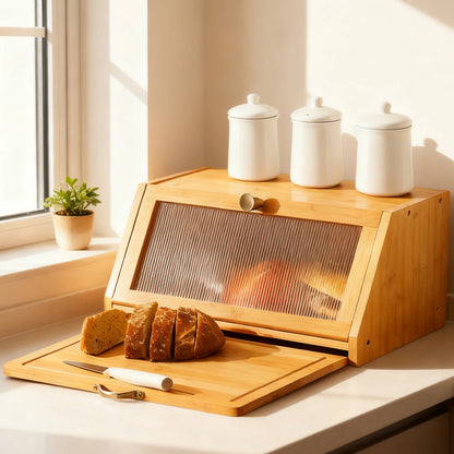 Bamboo Bread Box & Cutting Board Combo with Pantry Storage