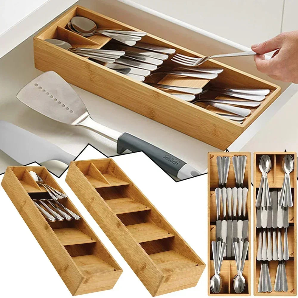 Expandable Bamboo Cutlery Drawer Organizer for Kitchen Utensils