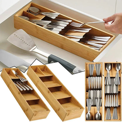 Expandable Bamboo Cutlery Drawer Organizer for Kitchen Utensils