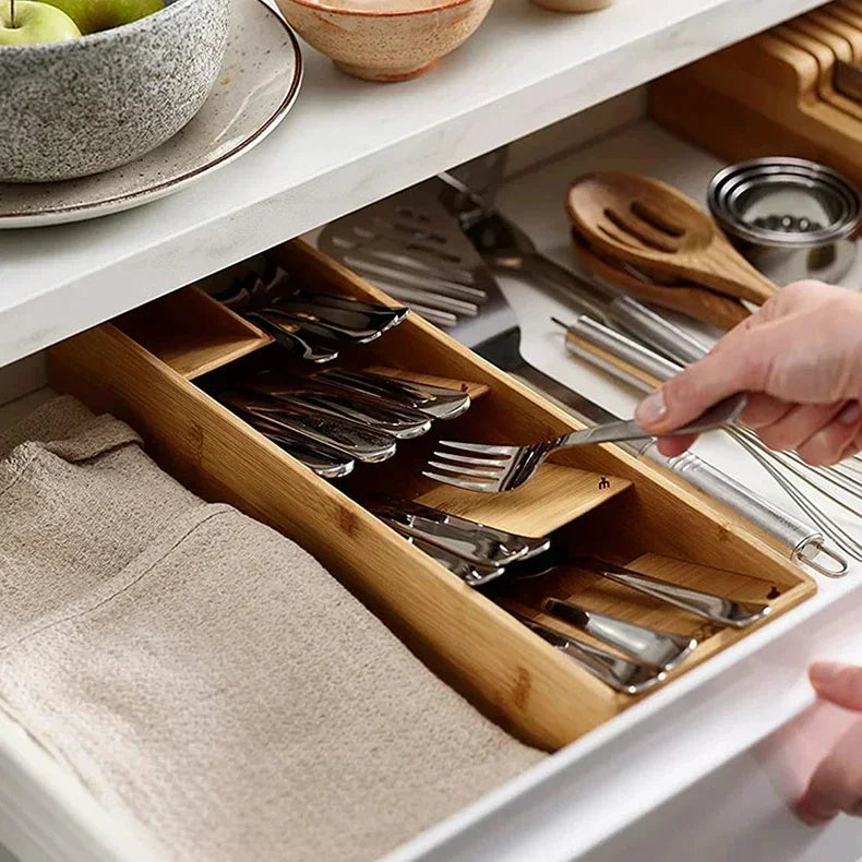 Expandable Bamboo Cutlery Drawer Organizer for Kitchen Utensils