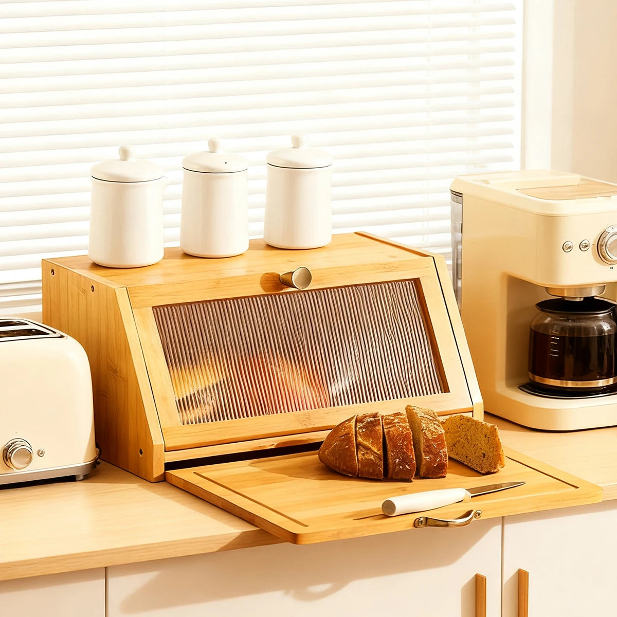 Bamboo Bread Box & Cutting Board Combo with Pantry Storage